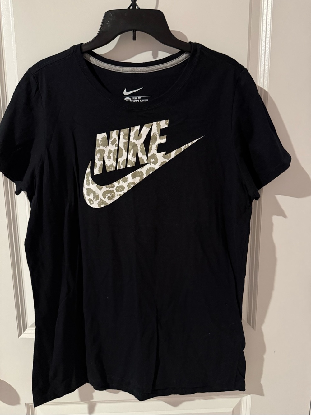 Nike Black Short Sleeve Tee with Leopard-Print Logo
